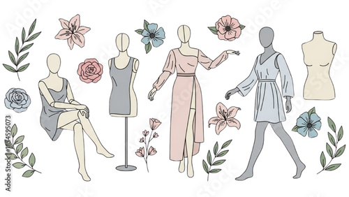 Fashion mannequins showcasing elegant dresses surrounded by floral elements in a studio setting