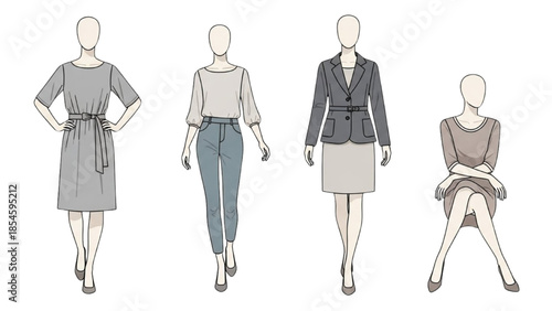 Fashion illustrations of women in various outfits and poses on a white background