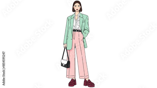 A fashion illustration of a woman wearing a stylish outfit standing against a plain background