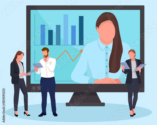 Online conference office work teamwork business or finance elements monitor screening