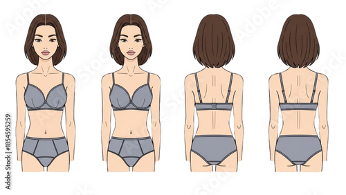 Illustration of a woman in gray underwear from multiple viewpoints showcasing various poses and angles