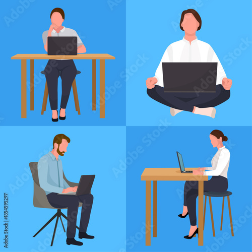 Office workers on laptop online conference remote work freelance flat illustration