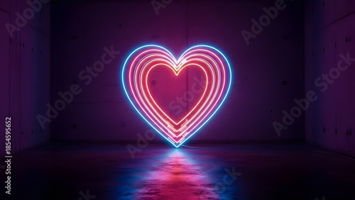 A multi-layered glowing neon heart in blue, pink, and red colors reflecting on a dark floor in an industrial concrete setting. Modern synthwave and romantic aesthetic.