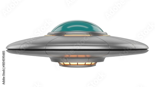 Fotografi Silver UFO with teal dome isolated PNG on transparent background, flying saucer