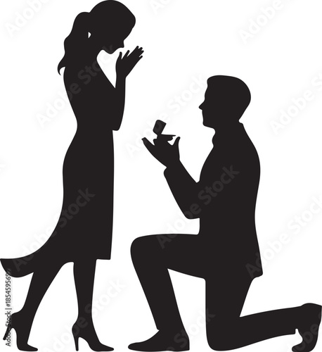 Man proposing marriage to woman holding ring box proposal