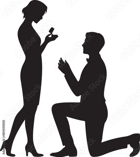 Man proposing marriage to woman holding ring box silhouette