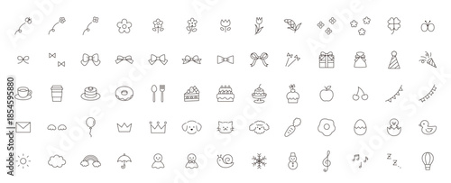 かわいいアイコンセットのベクターイラスト。飾り、花、お菓子、リボン、犬、ひよこ