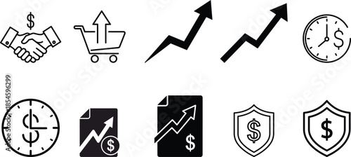 Financial and business icons set with graphs clock handshake and money symbols