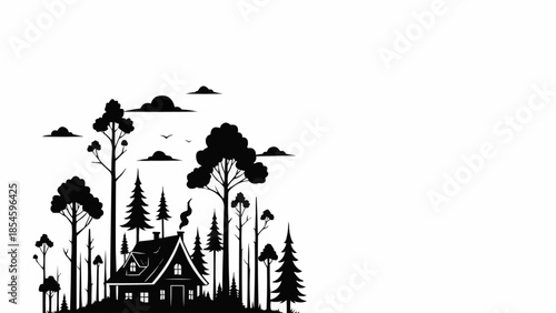 Cozy cabin nestled among tall pine trees in a forest setting.