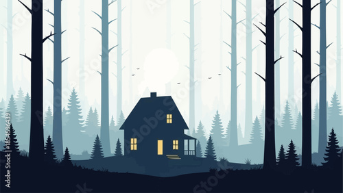 Cozy cabin nestled deep within a dark and mysterious forest.