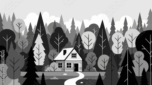 Cozy cabin nestled in a dense evergreen forest landscape.