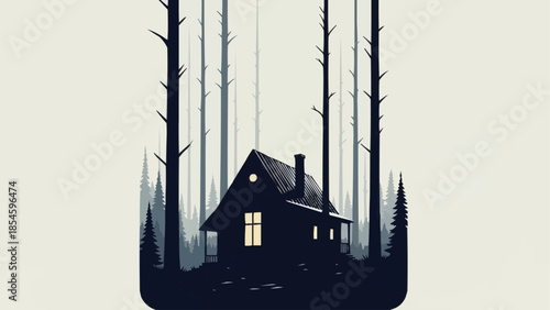 Cozy cabin nestled deep within a dark misty forest.