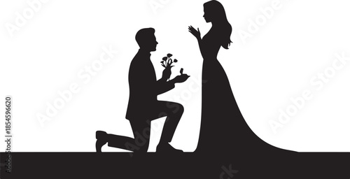 Man proposing marriage with flowers and ring to woman silhouette