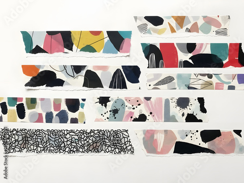 A vibrant abstract collage featuring multiple horizontal strips of paper with diverse modern patterns, including colorful shapes, brushstrokes, and scribbled textures on a white background.