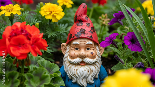 Cheerful Garden Gnome with Red Hat Surrounded by Colorful Blooming Flowers.