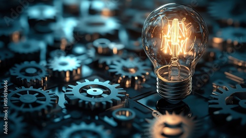 Glowing vintage lightbulb illuminates intricate clockwork gears symbolizing innovation mechanical engineering and bright ideas