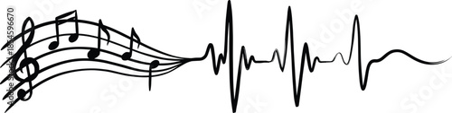 Black Music Notes on Staff Transforming into Heartbeat Pulse Line Waveform Minimalist Creative Vector Illustration Isolated on White Background Graphic Design