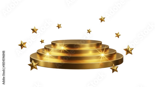 Fotografie Golden three-tiered podium isolated PNG, stage platform with stars for product d