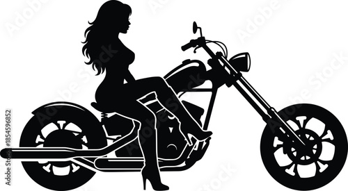 Black Silhouette of a Sexy Woman with Long Hair Sitting on a Classic Chopper Motorcycle Isolated on White Background Vector Illustration