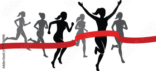Black Silhouette of Female Runner Crossing Red Ribbon Finish Line with Competitors During Marathon Race Isolated on White Background Vector
