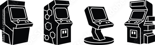 Group of arcade machines in flat black color design set on transparent background vector.