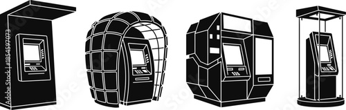 Group of atm machines in flat black color collection on transparent background vector.
