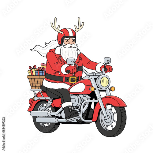 Festive Santa Claus Riding a Motorcycle with a Gift Basket on a Joyful Christmas Journey