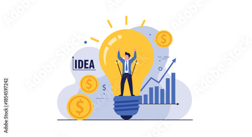 Celebrate innovative business idea generation and financial growth with a lightbulb moment, inspiring success and achievement in startups now