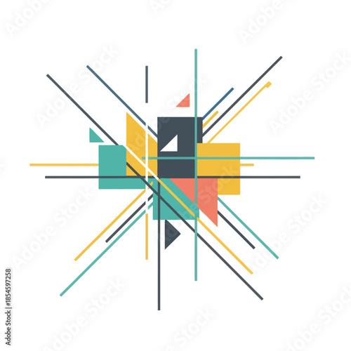 Abstract geometric composition with vibrant lines and shapes creating dynamic visual harmony