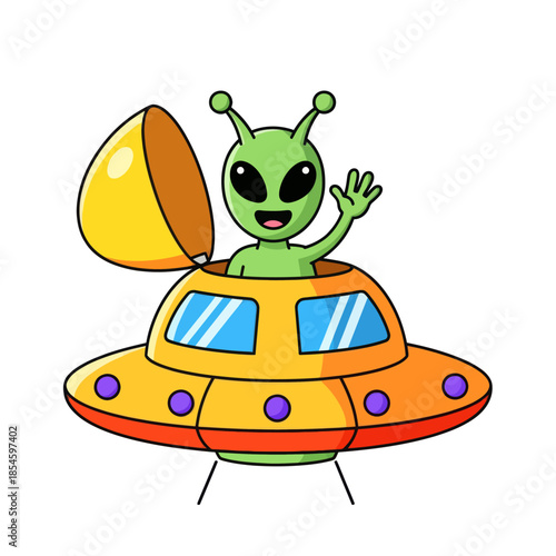 Futuristic cartoon alien riding in a vibrant flying saucer with a cheerful expression and waving
