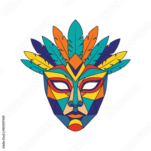 Vibrant geometric tribal mask featuring colorful feathers and intricate patterns for cultural
