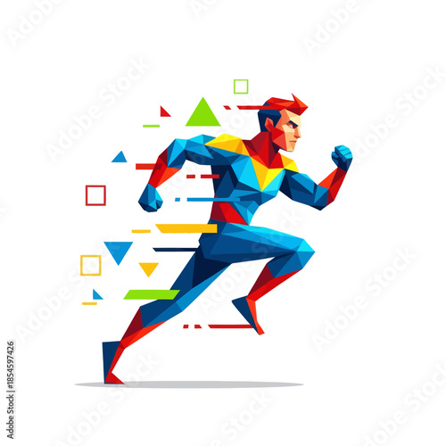 Dynamic low-poly style illustration of a muscular man running with vibrant geometric shapes and