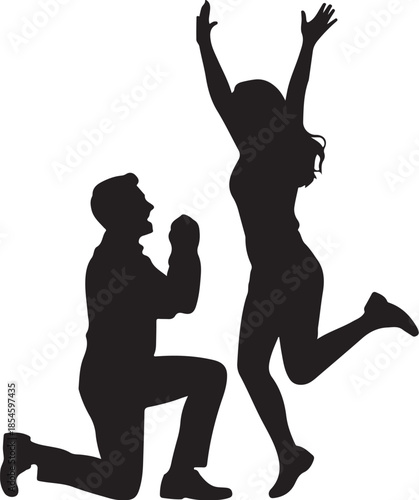 Man proposing to woman jumping for joy silhouette proposal
