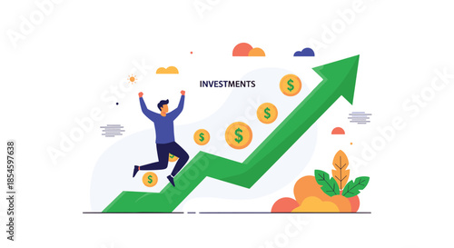 Excited businessman celebrating rising investments and financial growth with upward trending arrow and dollar coins, symbolizing success and profit.