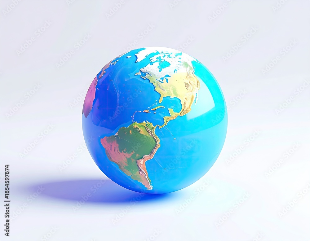 Fototapeta premium Glossy, stylized Earth globe with vibrant colors against a white background