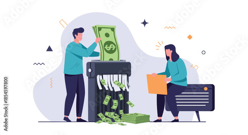 Desperate business people waste money by feeding cash into a shredder symbolizing financial loss and poor investment choices