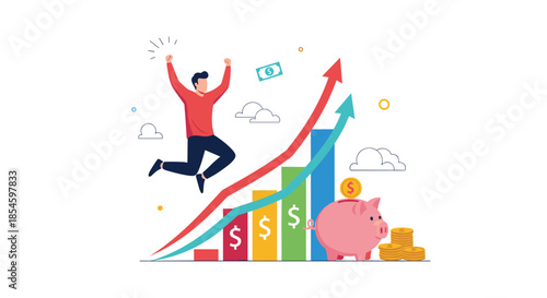 Dynamic businessman celebrating financial growth and investment success with a rising bar graph, piggy bank, and soaring arrow symbolizing prosperity and achievement.