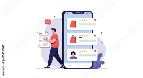 Man reviews online shopping feedback and ratings on a smartphone interface, making informed purchasing decisions for better value.