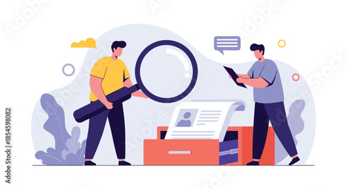 Diligent professionals meticulously review documents and data, utilizing magnifying glass and tablet for in depth analysis and strategic decision making in modern office environment.