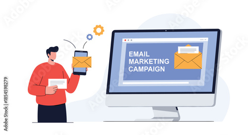 Dynamic businessman launching successful email marketing campaign with modern technology and digital communication strategies for business growth