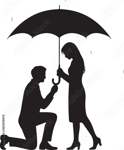 Man proposing to woman under umbrella silhouette couple