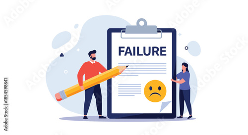 Team analyzes project failure with sad emoji feedback, brainstorming solutions to overcome setbacks and learn from mistakes
