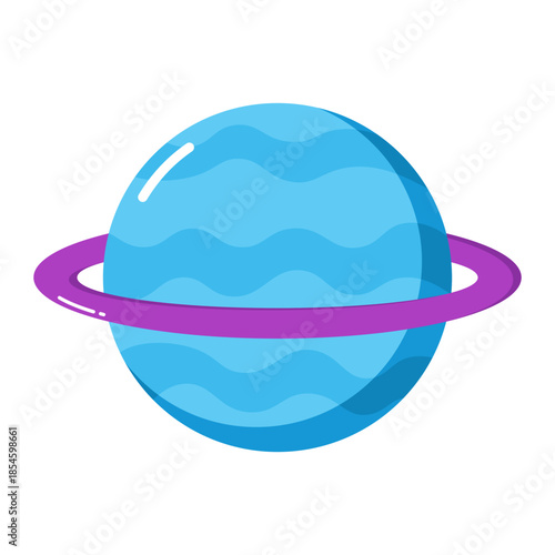 Cute ringed blue planet icon with purple orbit ring, flat cartoon illustration isolated on transparent background.