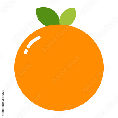 Simple flat orange fruit with green leaves and glossy highlight, isolated on transparent background.
