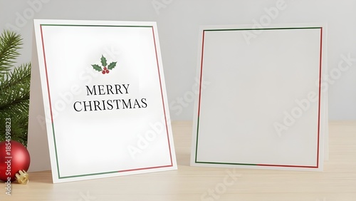 Christmas cards with holly and blank card on wooden table