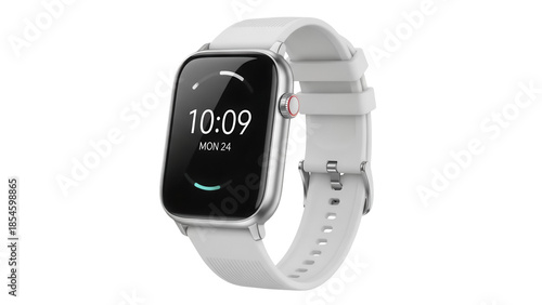 Modern silver smartwatch with white band isolated on transparent PNG, wearable tech for fitness tracking and digital lifestyle