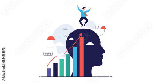Dynamic business growth concept with overjoyed man leaping high above a profile head symbolizing achievement and success in professional development
