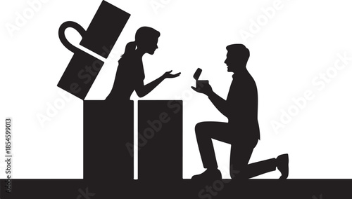Man proposing to woman with open gift box silhouette