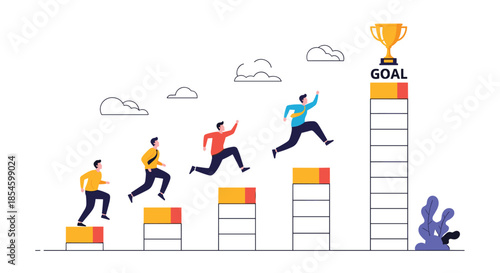 Multiple men jumping up a stair-like bar chart towards a golden trophy, depicting progressive career advancement and achieving ultimate business goals.