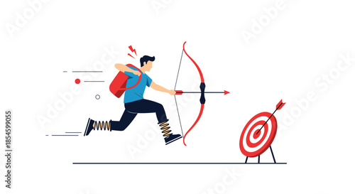 Man running with a bow and arrow aiming at a target, illustrating the concept of focused goal setting, ambition, and strategic pursuit of objectives.